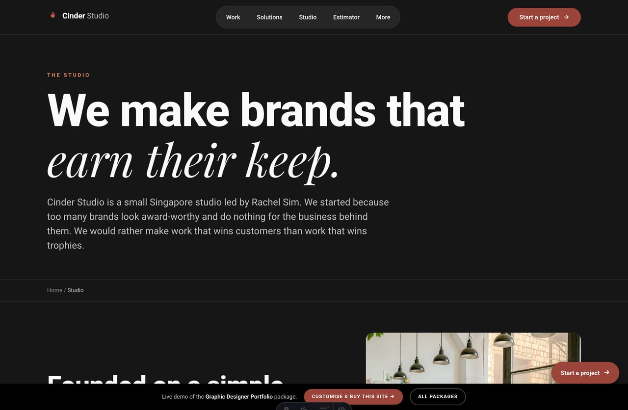 Studio / about page with team and process on the Cinder Studio design portfolio