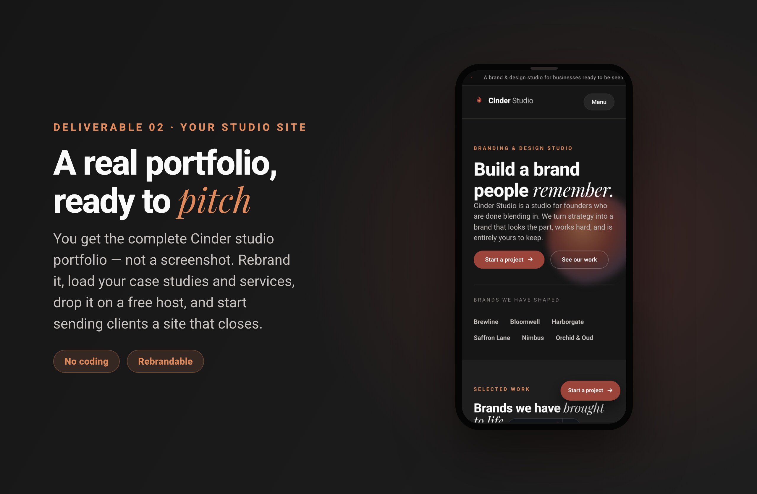 The included graphic-design studio portfolio website homepage shown on a phone