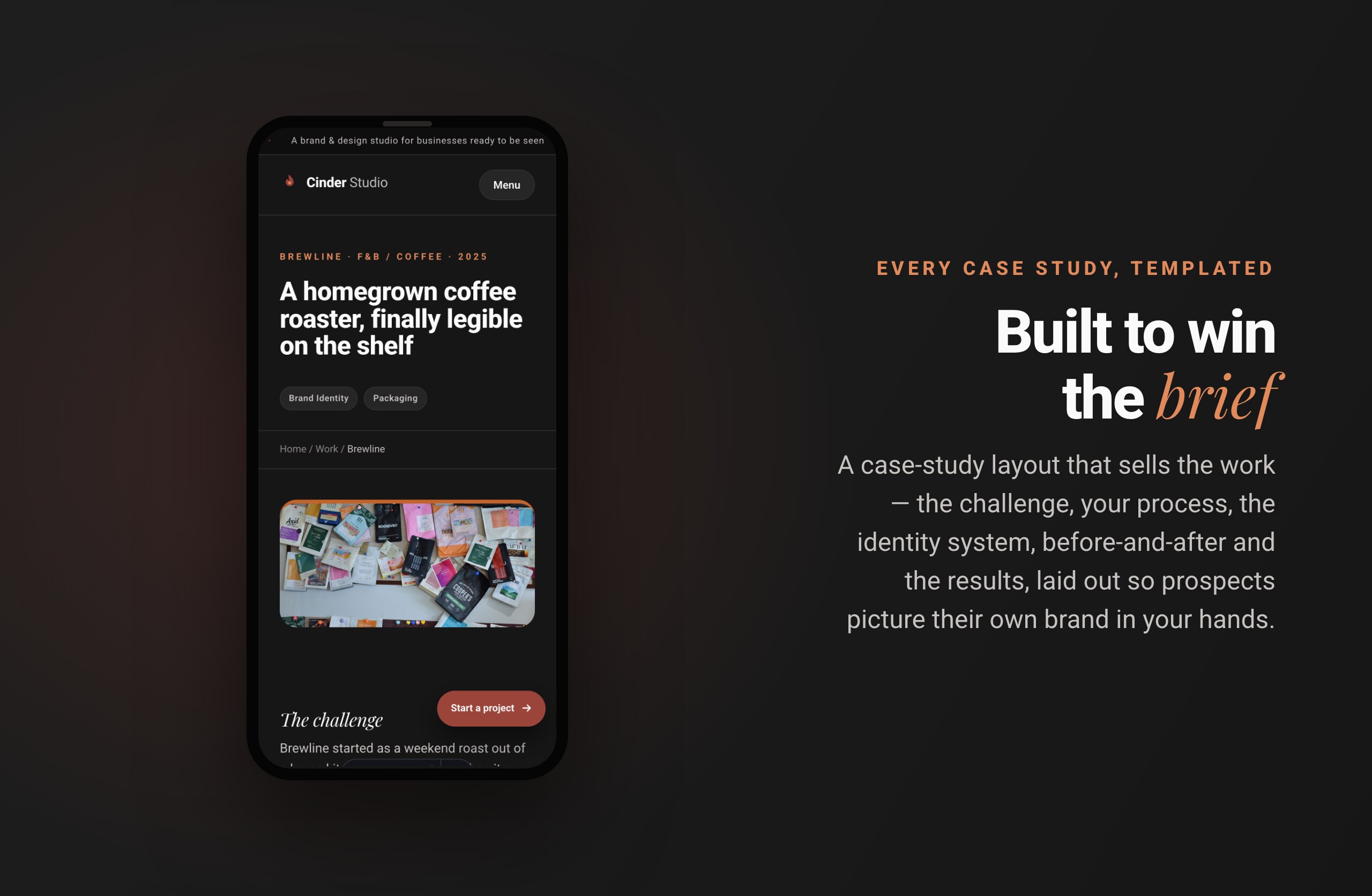 A project case-study page from the included graphic-design studio portfolio website shown on a phone