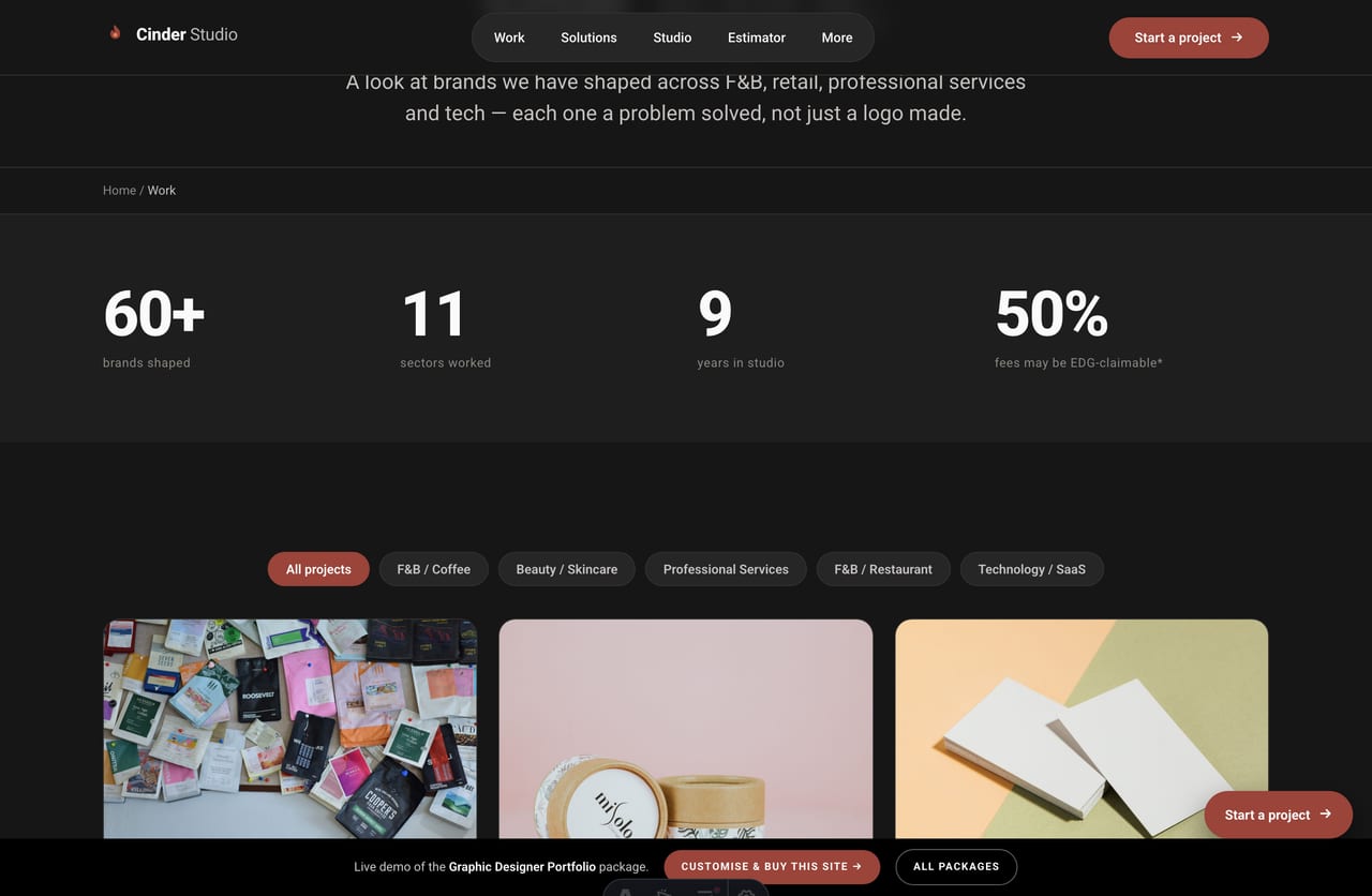 Filterable case-study work grid on a Singapore branding studio portfolio website