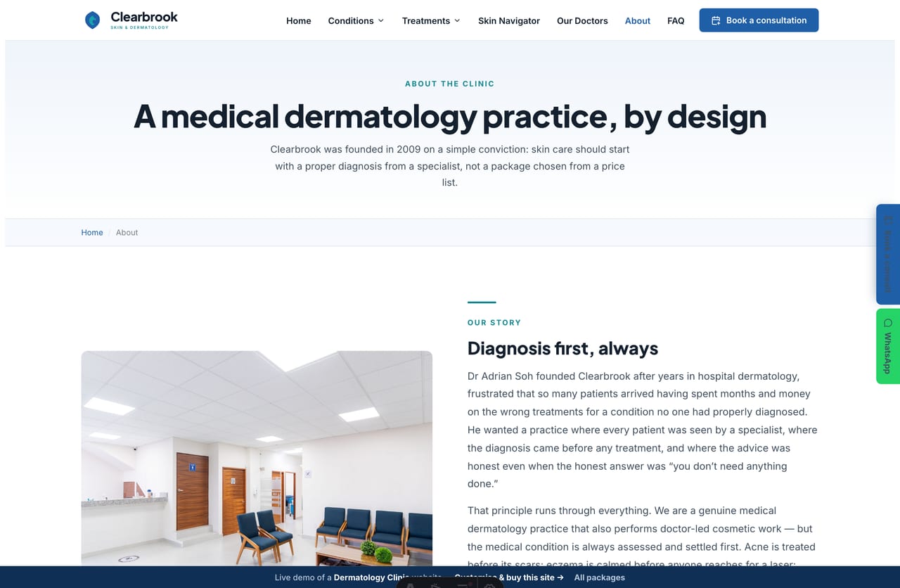 The About page for a Singapore dermatology clinic — founder story, stats band, accreditations and clinic locations