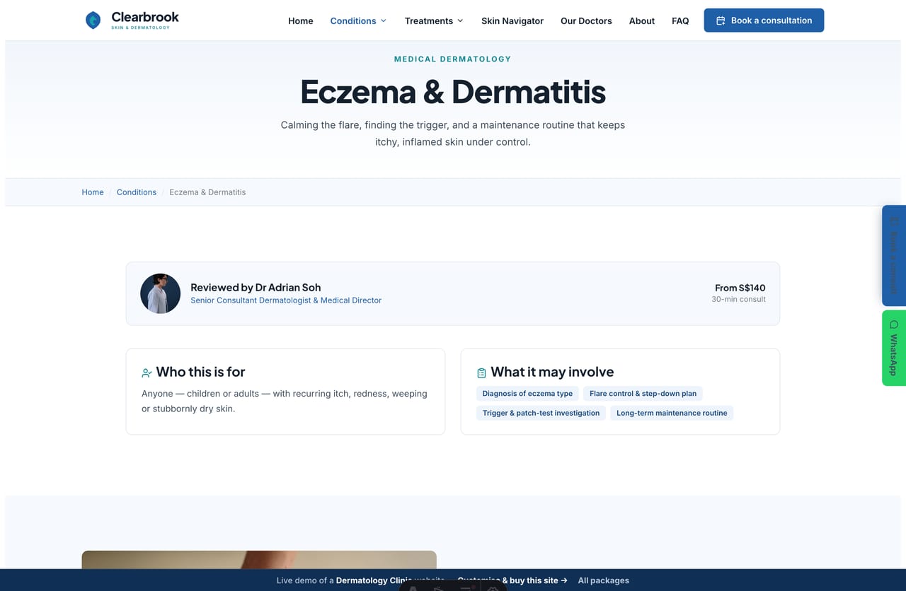 A condition detail page on the Clearbrook demo — a clinical banner, a doctor-reviewed intro and alternating image-and-text content bands