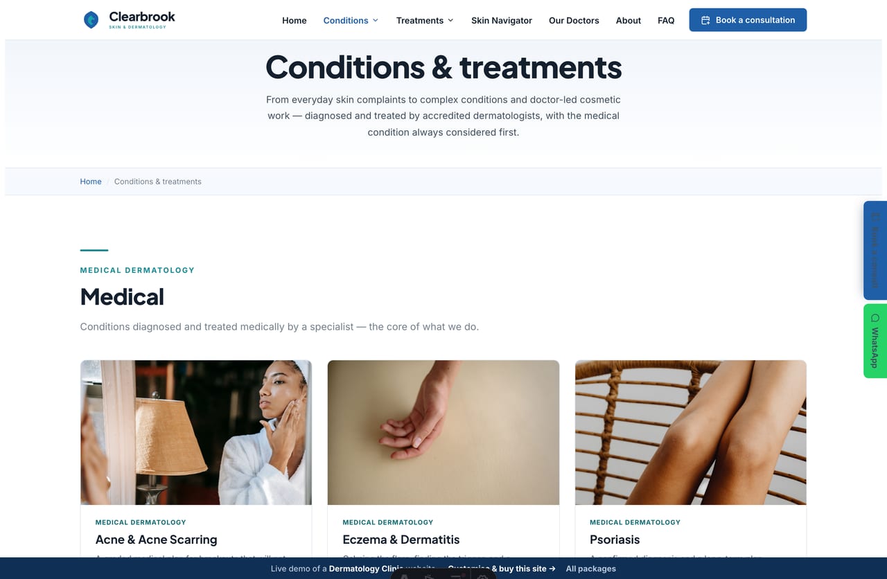 Conditions page on the Clearbrook demo — acne, eczema, psoriasis, pigmentation, hair loss, mole checks and more grouped by medical and cosmetic