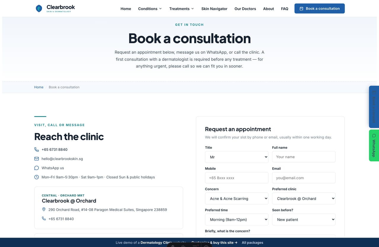 Book-a-consultation page on the Clearbrook demo — a PDPA-aware booking form with concern, clinic and preferred time