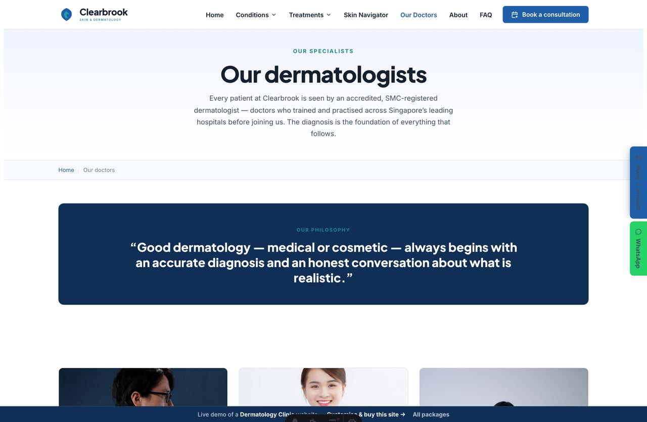 The doctors page on the Clearbrook demo — dermatologist profiles with photos, specialist credentials and special interests