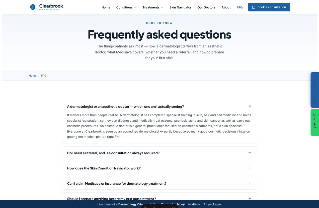 FAQ page on the Clearbrook demo — a clinical accordion answering questions about dermatologists, Medisave, referrals and first visits