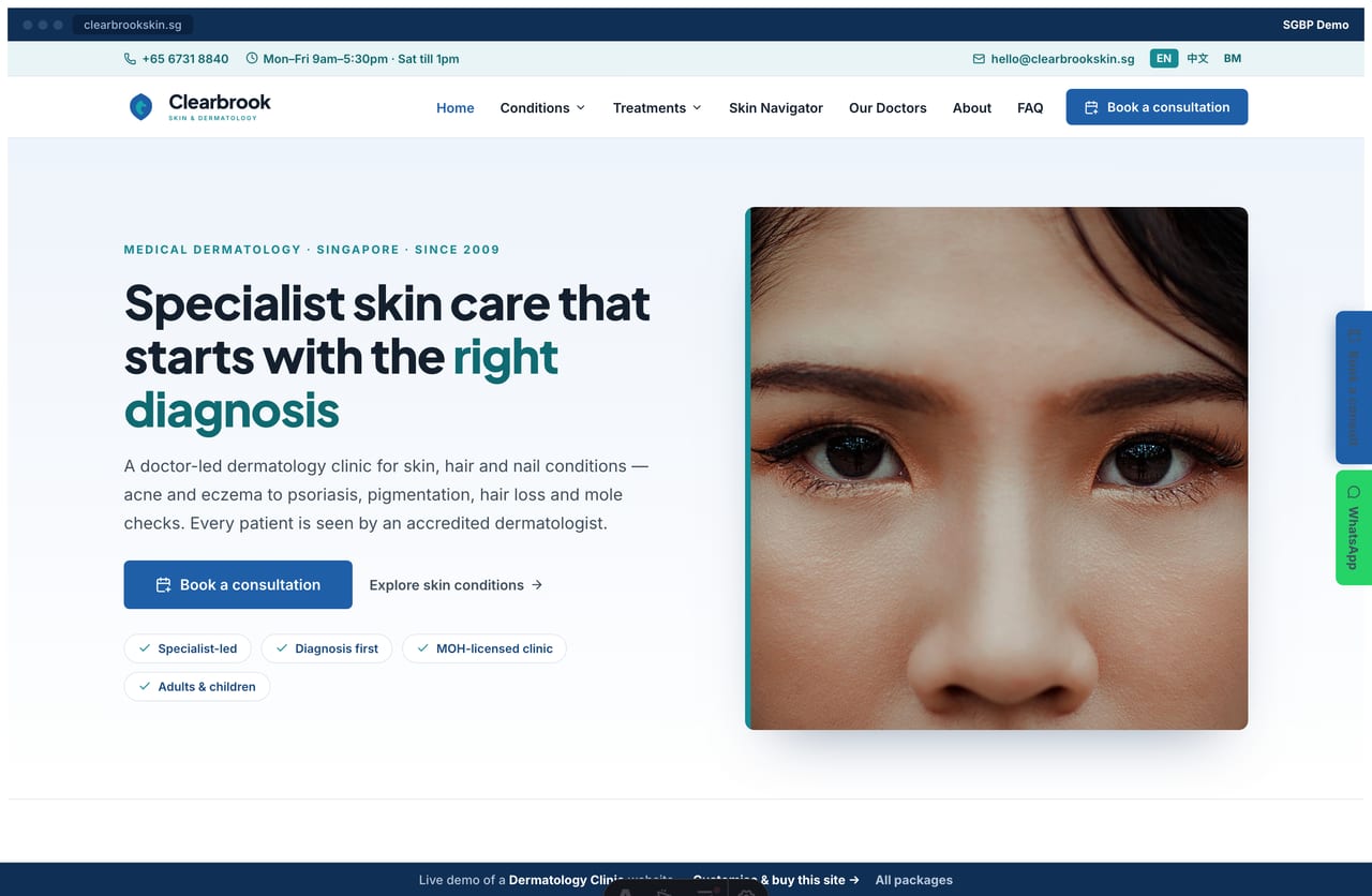 Clearbrook dermatology clinic Singapore website homepage demo — a clean white, medical-blue and teal site with a split hero, credentials band and condition cards