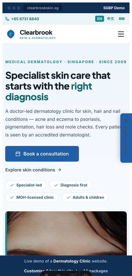 The Clearbrook dermatology website on mobile — the clinical split hero and book CTA at 430px