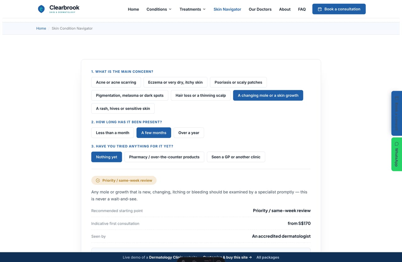 Skin Condition Navigator result on a Singapore dermatology site — a recommended medical or cosmetic track, indicative consult fee and a referral note