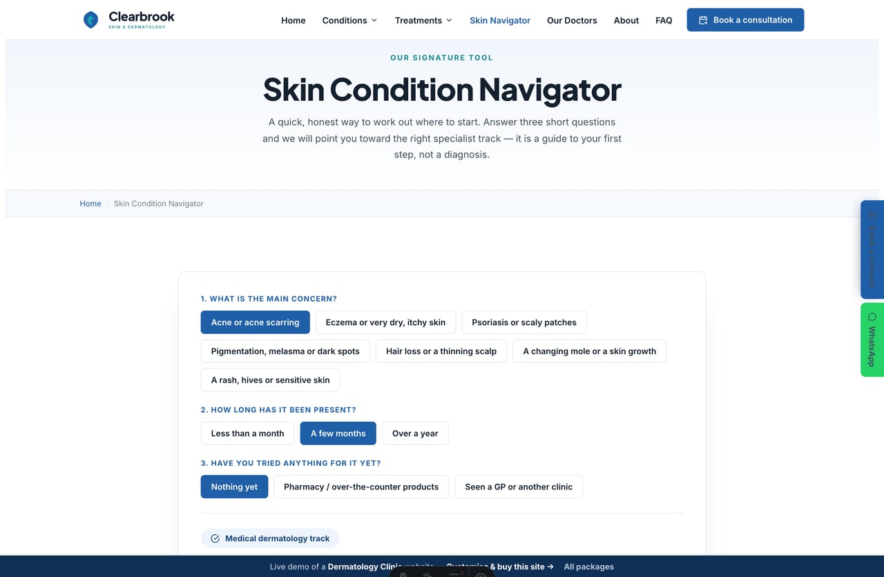 The interactive Skin Condition Navigator on the Clearbrook demo — choose a skin concern, how long it has been present and what you have tried