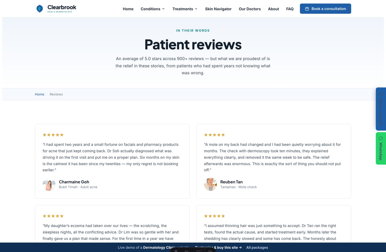 Reviews page on the Clearbrook demo — patient stories with star ratings on a clean clinical layout