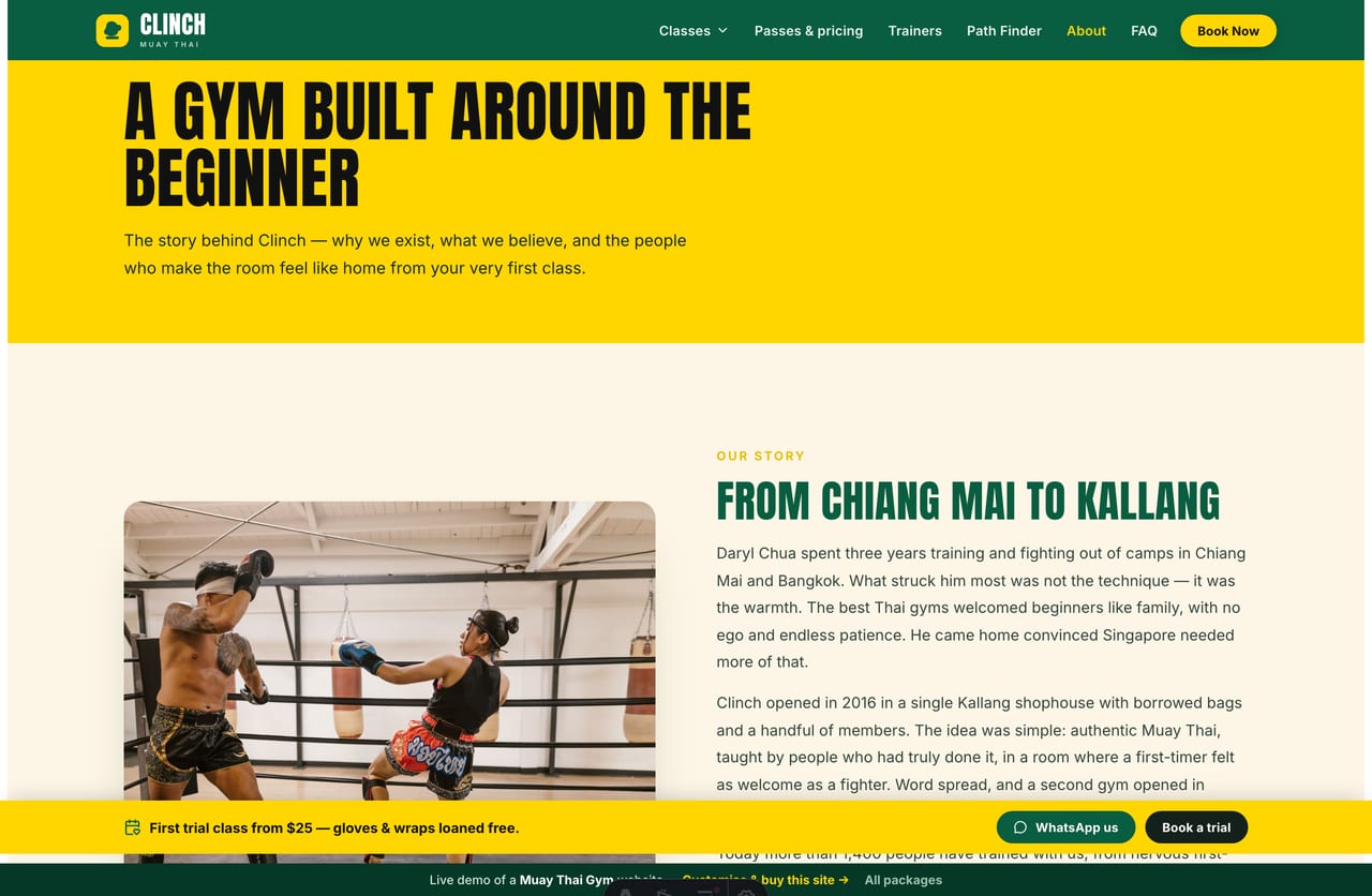 The About page for a Singapore Muay Thai gym — the founder story, what makes the gym different and the two training locations