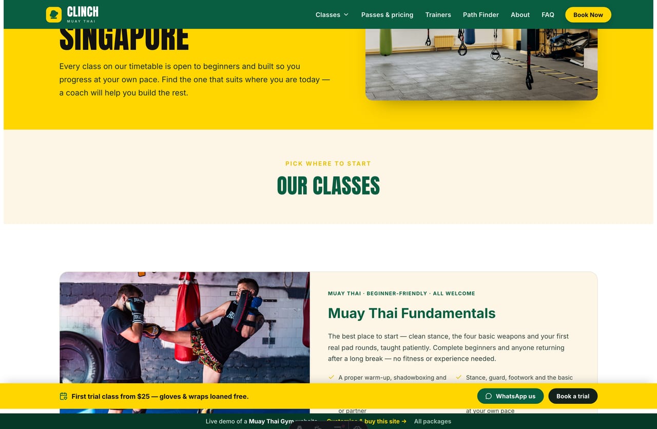 Classes listing page on the Clinch demo — Muay Thai, boxing, clinch and kids classes in alternating photo-and-detail rows