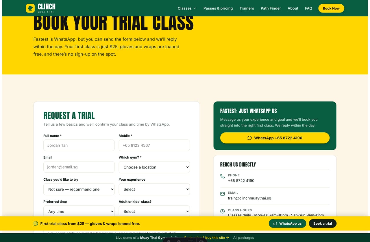 Book-a-trial & contact page on the Clinch demo — a PDPA-aware trial-request form with class, location and time selection, no cart