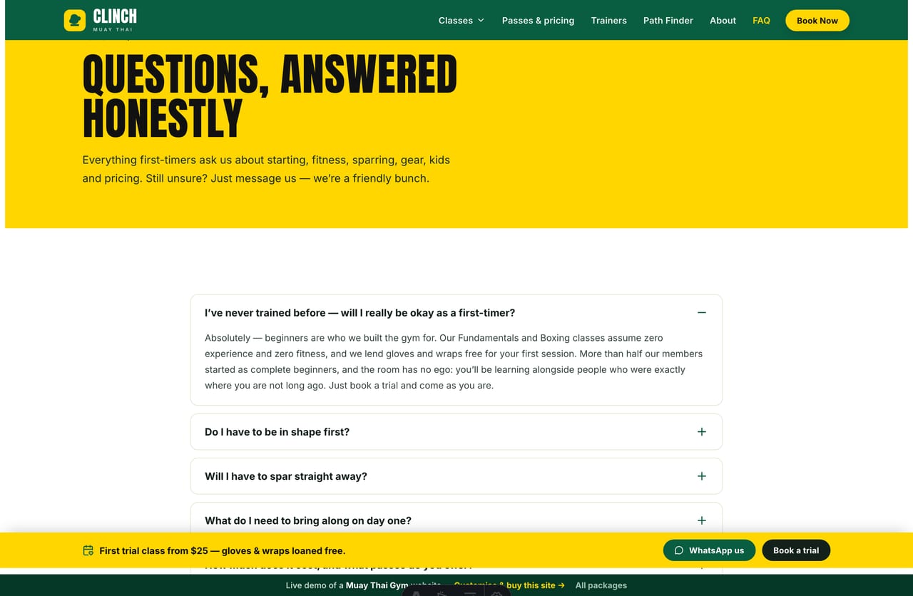 FAQ page on the Clinch demo — an accordion of common questions about beginners, fitness, sparring, gear, kids and pricing