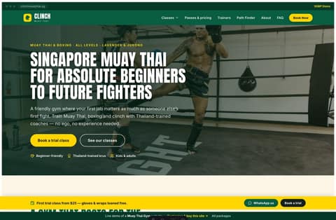 Clinch Muay Thai gym website homepage demo — a full-bleed photo hero with a bold yellow Book-a-Trial pill, green nav and core-programme cards