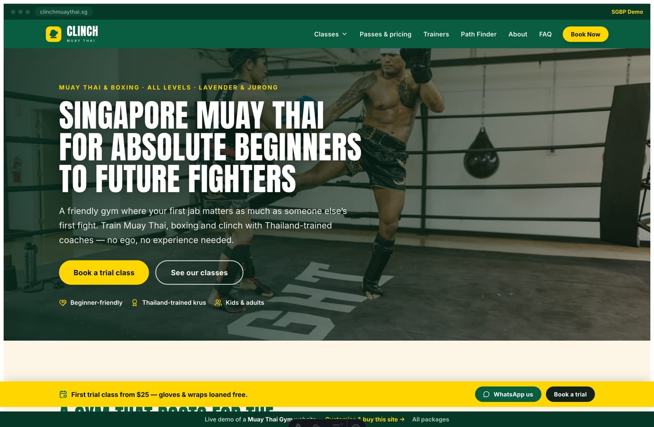 Clinch Muay Thai gym website homepage demo — a full-bleed photo hero with a bold yellow Book-a-Trial pill, green nav and core-programme cards