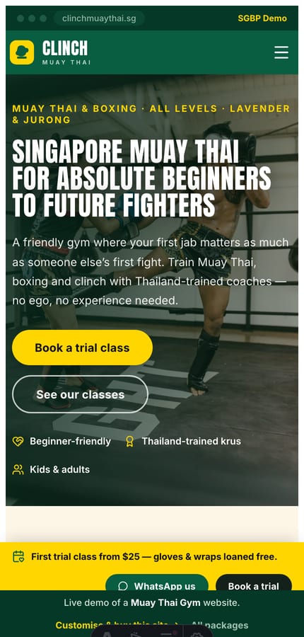 The Clinch Muay Thai website on mobile — full-bleed photo hero and a sticky yellow Book-a-Trial bar at 430px