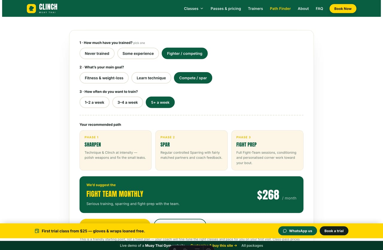 Training Path Finder result on a Singapore Muay Thai site — a phased programme path and a recommended class pass with its SGD price