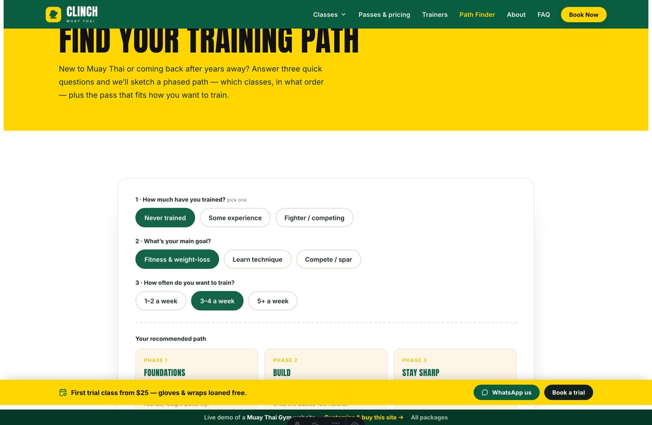The interactive Training Path Finder on the Clinch demo — pick experience, goal and how often you train for a phased path and pass recommendation