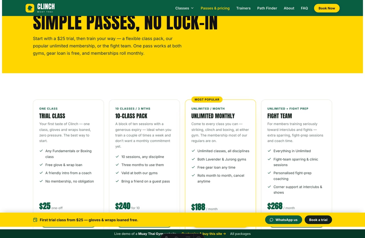 Passes and pricing page on the Clinch demo — trial class, 10-class pack, unlimited monthly and fight-team passes as reservation cards, no cart