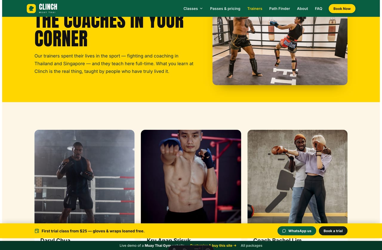 Trainers page on the Clinch demo — Thailand-trained krus and boxing coaches with photo cards and bios