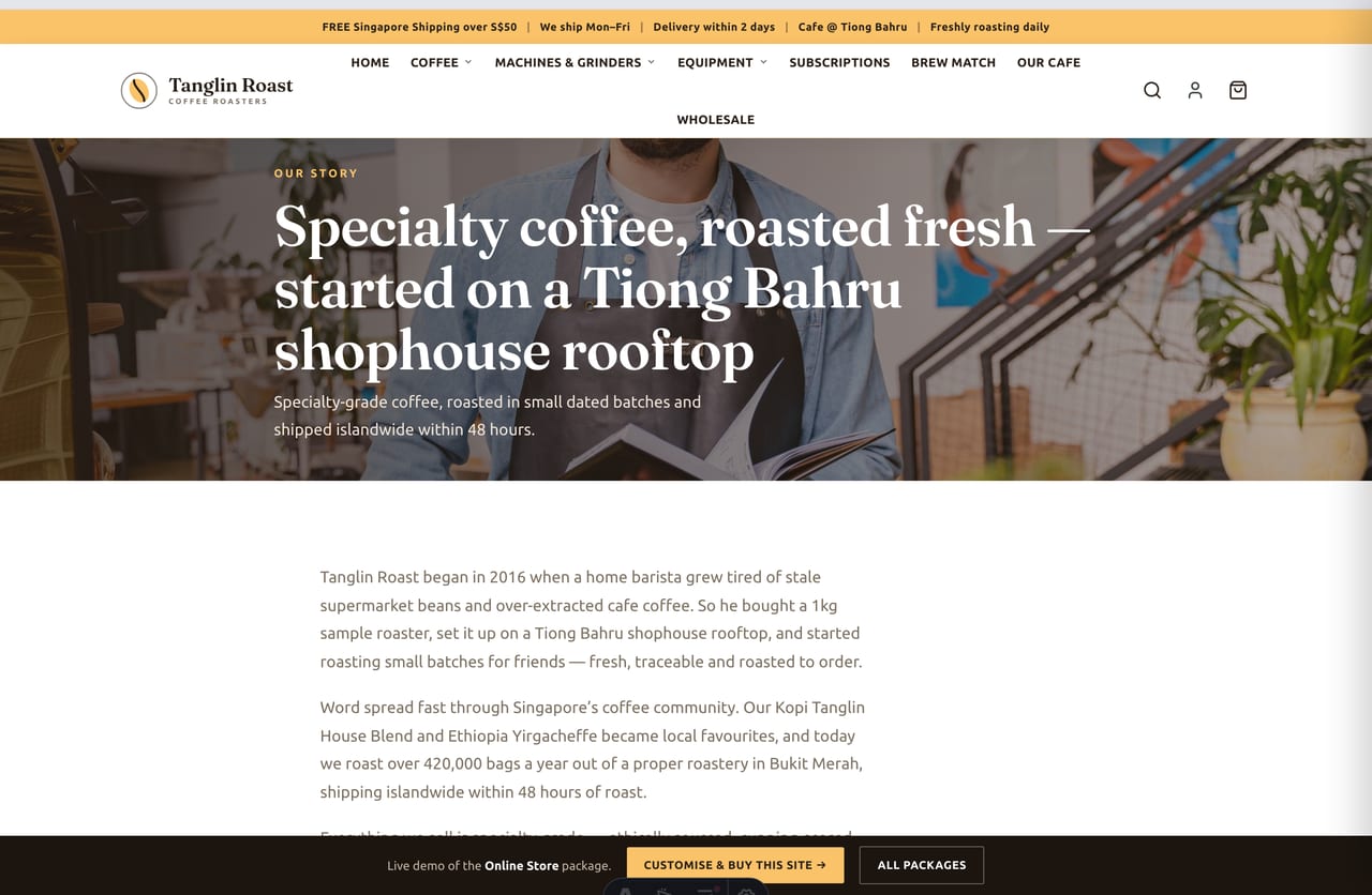 About and brand-story page for a Singapore specialty coffee roaster started on a Tiong Bahru rooftop