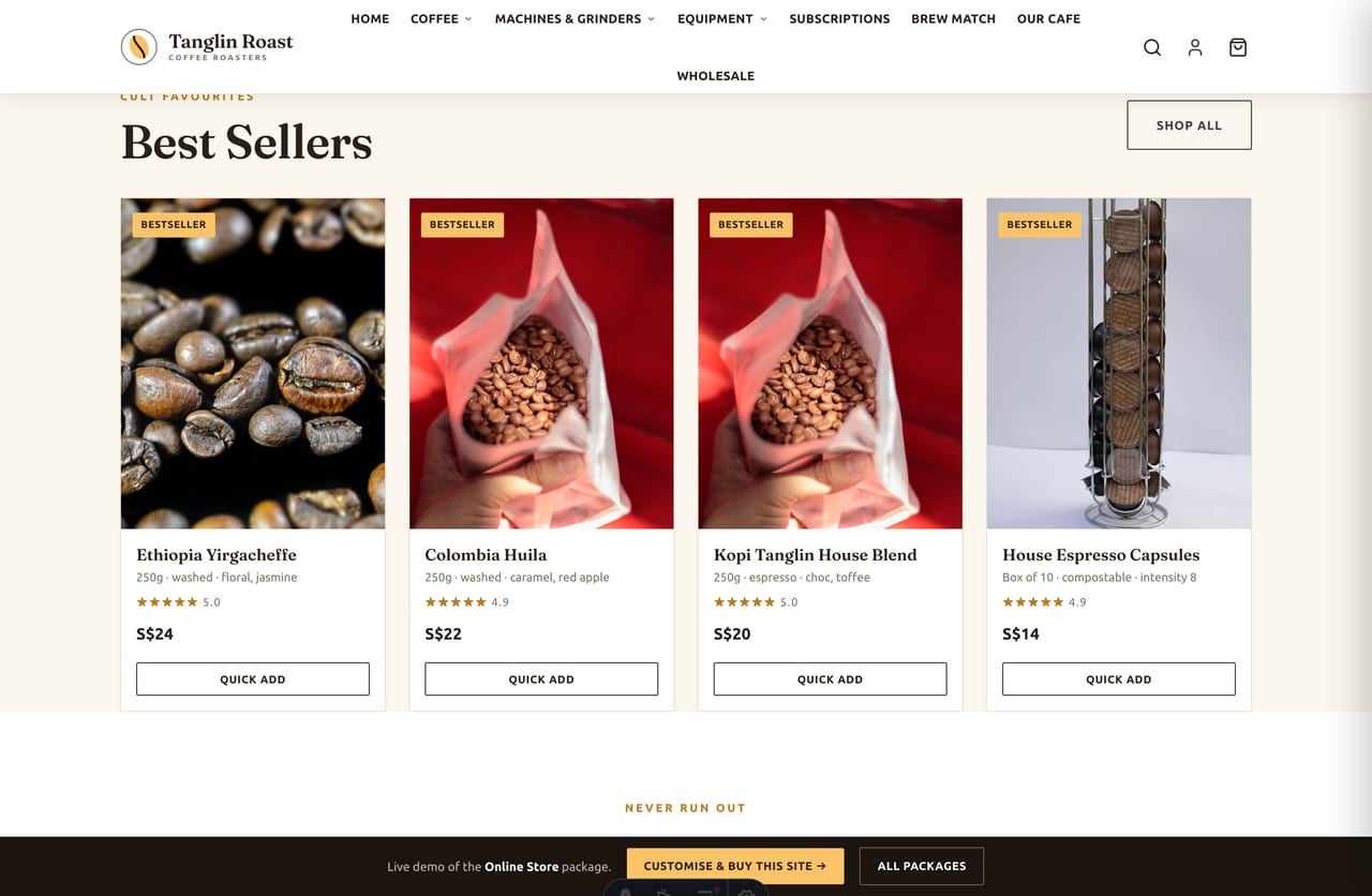 Bestseller coffee beans carousel on the Tanglin Roast specialty coffee store