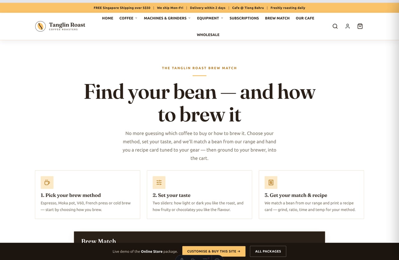 Interactive Brew Match tool on the Tanglin Roast Singapore coffee store