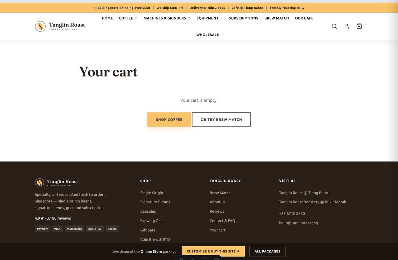 Slide-out cart drawer with a free-islandwide-delivery progress bar on the Singapore coffee store