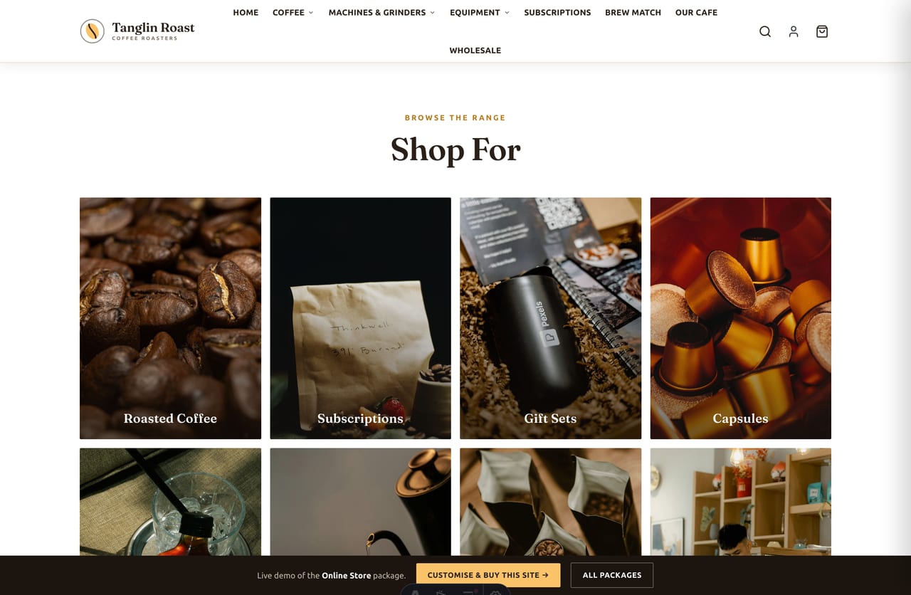 Shop-by-category tiles for a Singapore coffee store — single-origin, blends, capsules, gear, gift sets and subscriptions