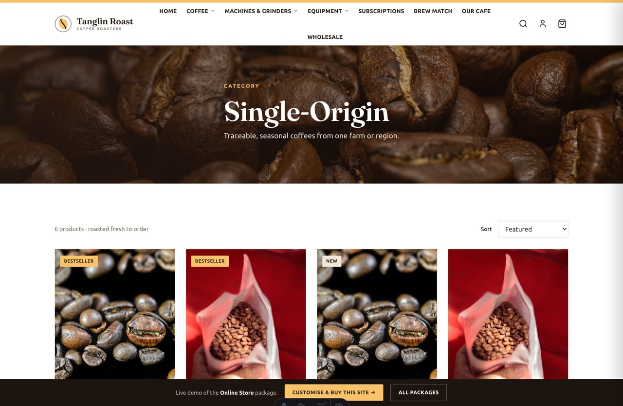 Single-origin collection page with sorting on the Singapore coffee store demo