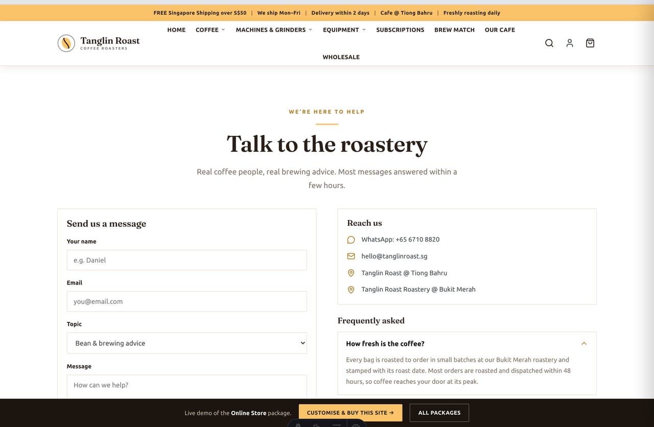 Contact, roastery-location and WhatsApp page on the Tanglin Roast coffee store demo
