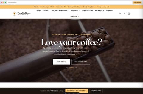 Tanglin Roast specialty coffee roaster online store homepage demo — bold hero, fresh-roast badges and islandwide-delivery promise (Singapore)