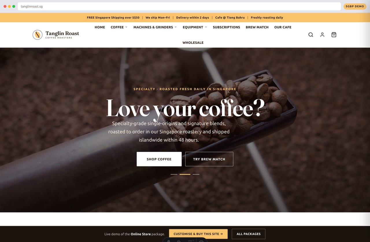 Tanglin Roast specialty coffee roaster online store homepage demo — bold hero, fresh-roast badges and islandwide-delivery promise (Singapore)