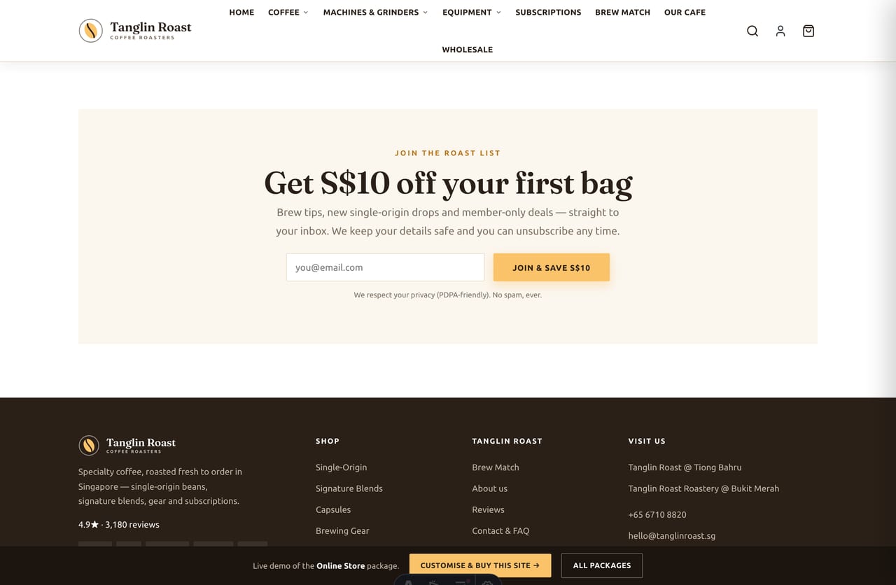 Roast-list newsletter signup with first-order discount on the Tanglin Roast coffee store