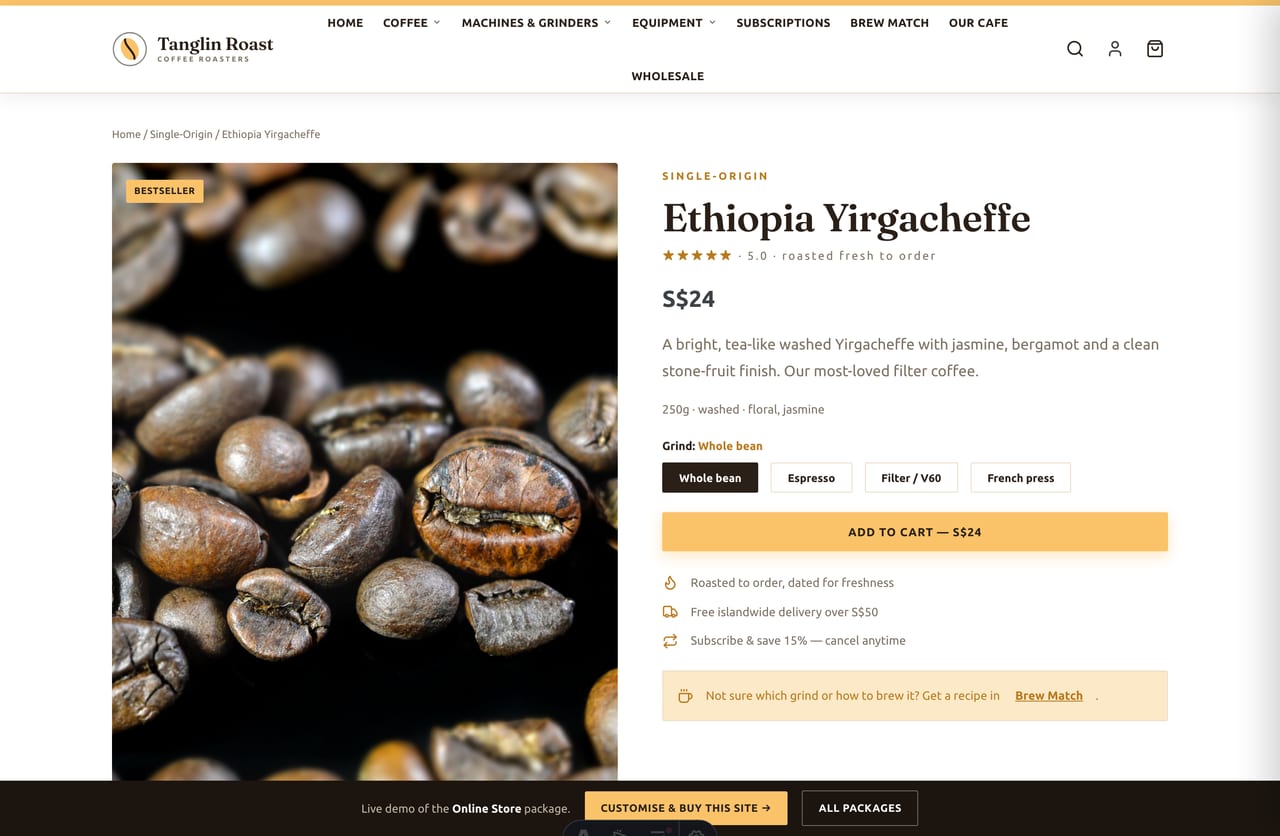 Coffee product detail page with image, tasting notes, grind options and add-to-cart