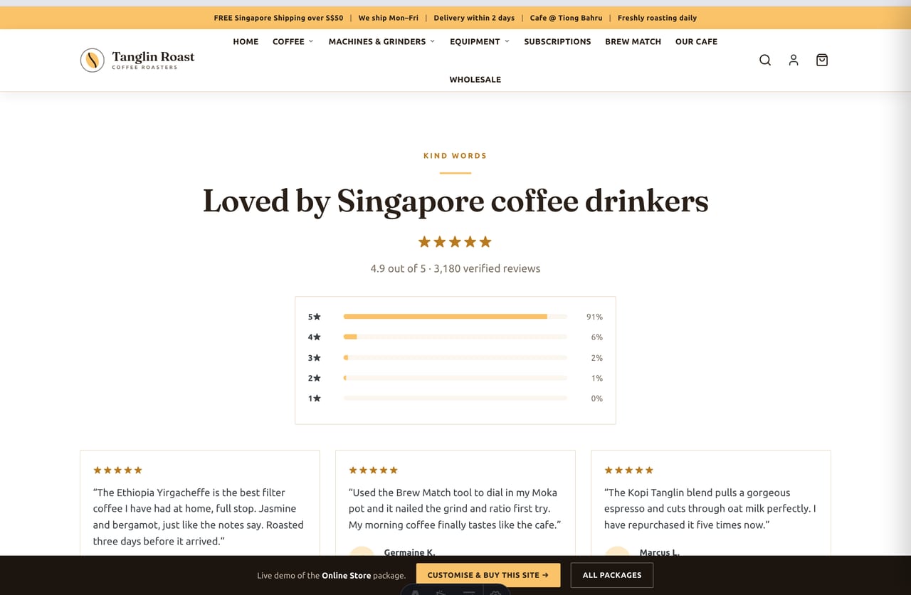 Singapore customer reviews and star ratings on the Tanglin Roast coffee brand website