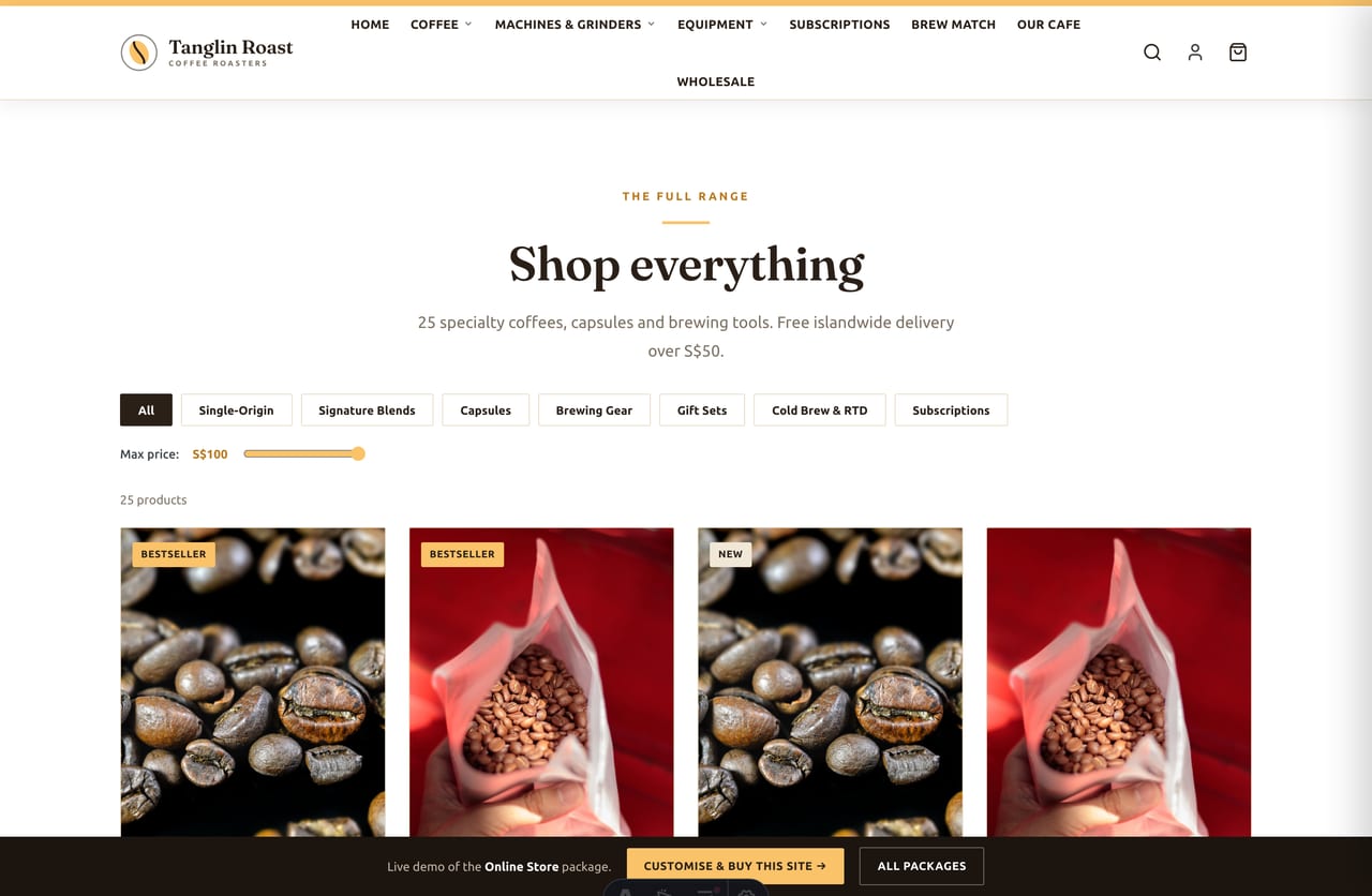 Coffee shop page with filterable product grid, quick-add and SGD pricing