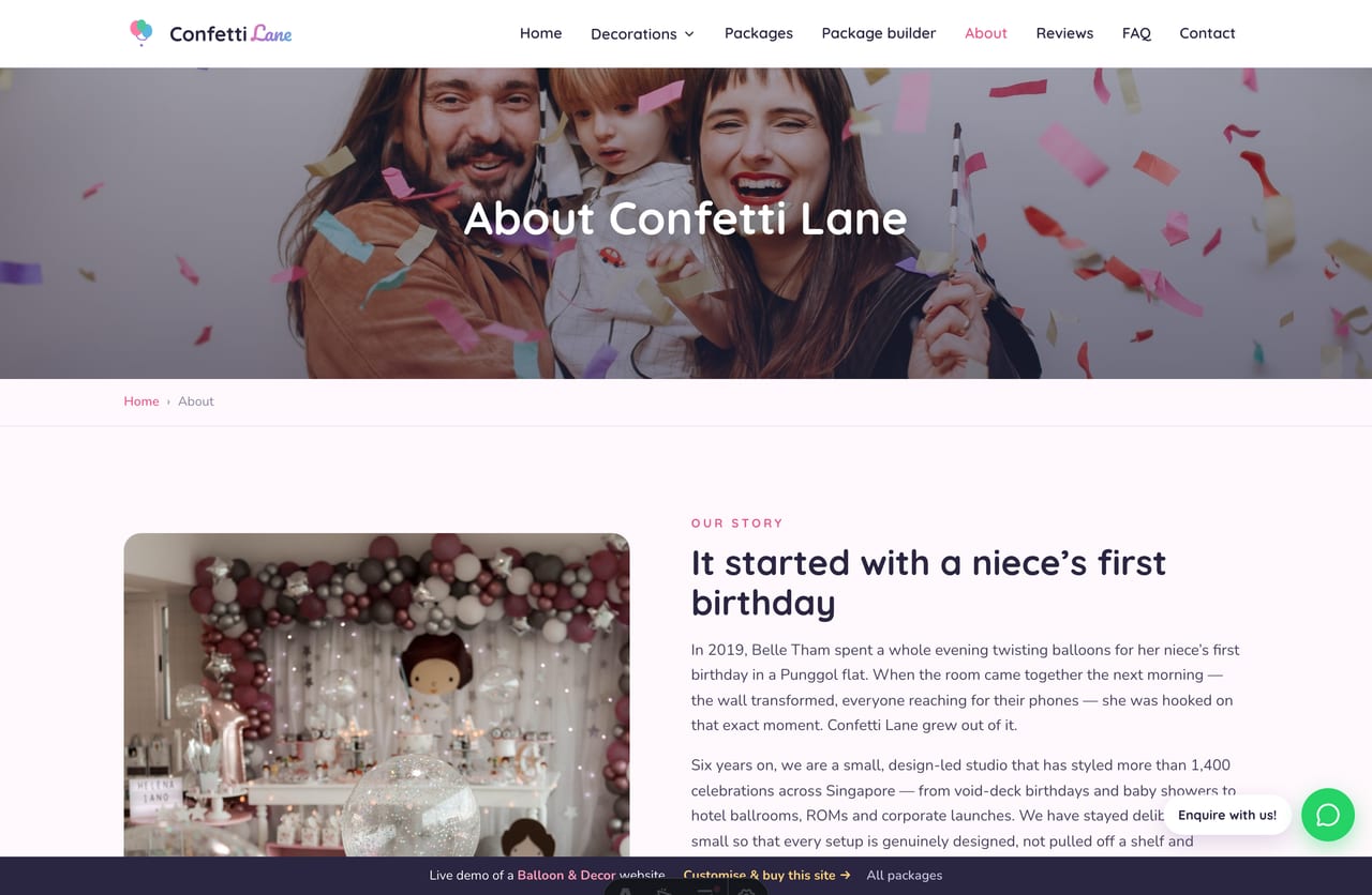 About / studio story page on the Confetti Lane balloon-decor website