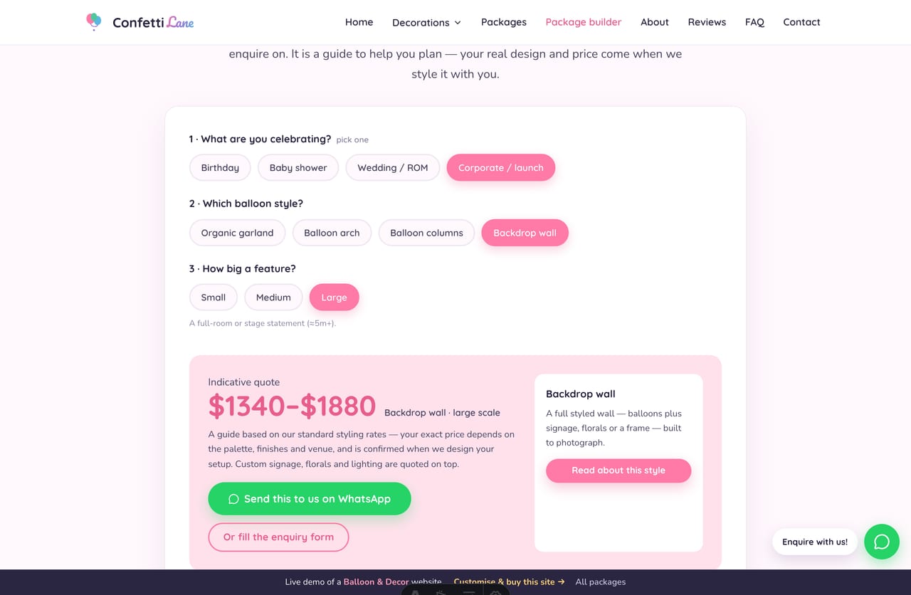 Interactive decor package builder on a Singapore balloon-styling website