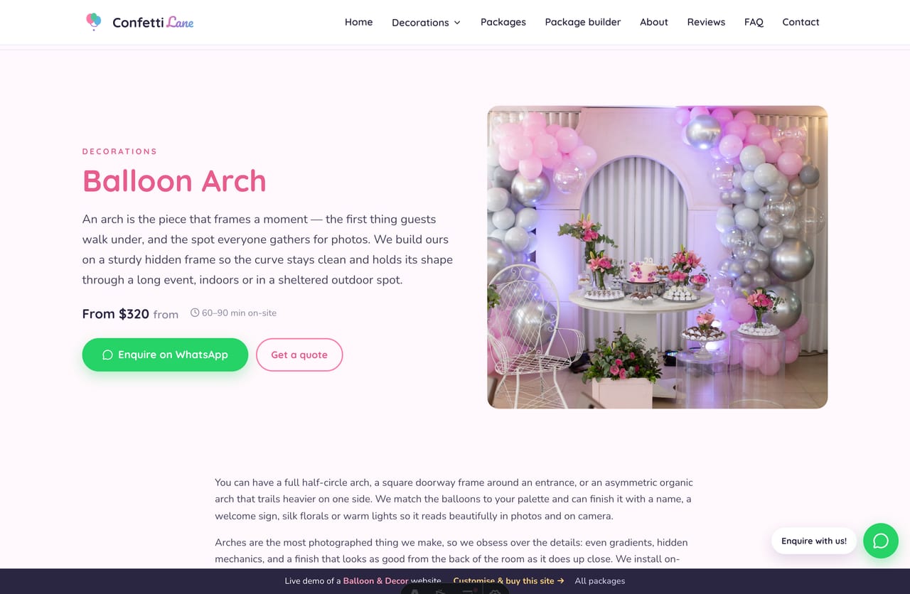Single decoration detail page with types grid and gallery wall on a balloon-decor website