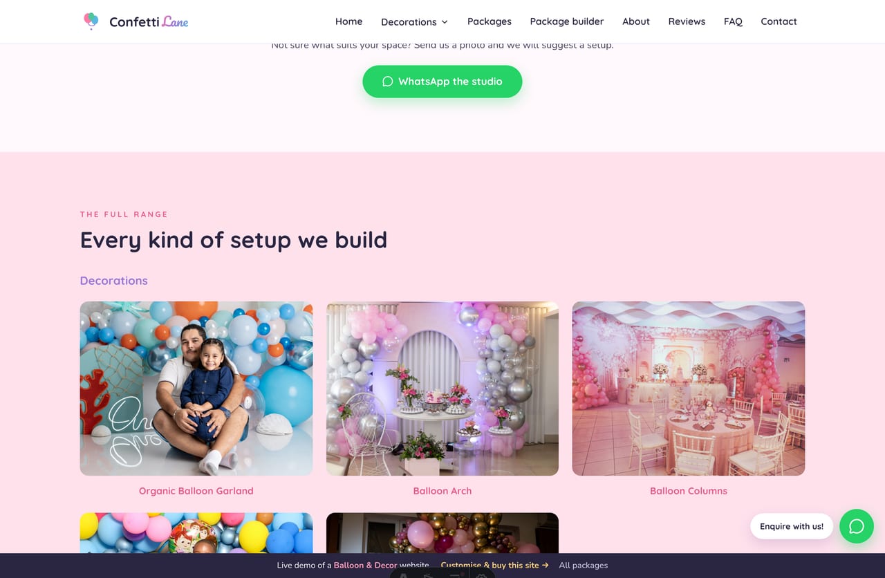 Filterable decorations grid on a Singapore balloon-decor studio website