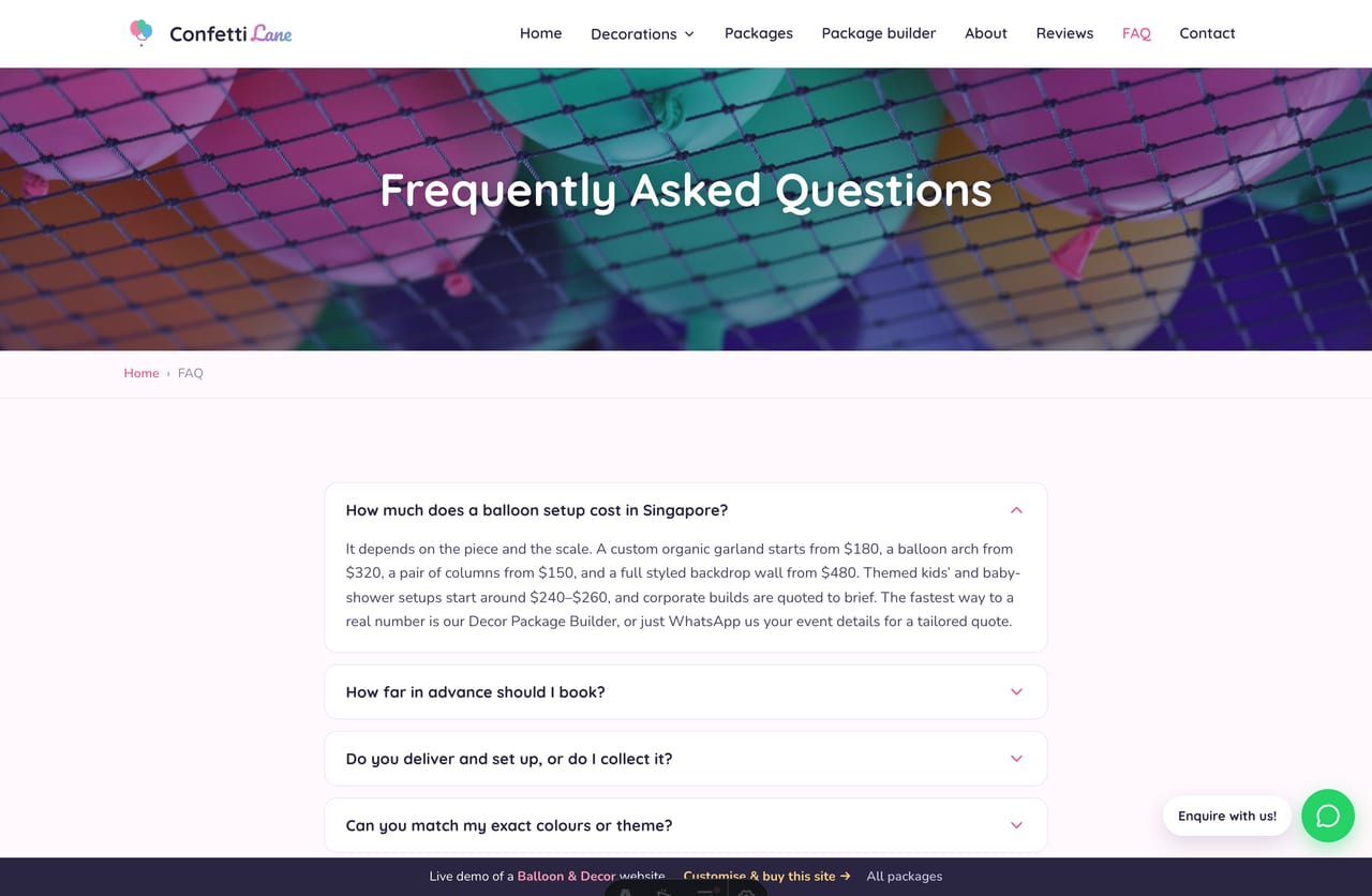 FAQ accordion on a balloon-decor studio website in Singapore