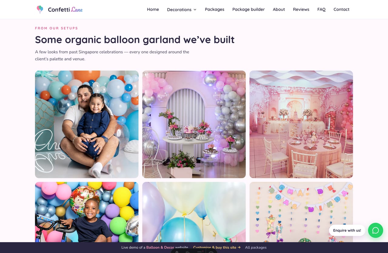 Full-screen portfolio gallery wall of past balloon setups on a Singapore decor site
