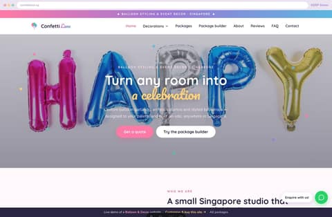 Confetti Lane balloon & decor studio website homepage demo — full-bleed photo hero and portfolio (Singapore)