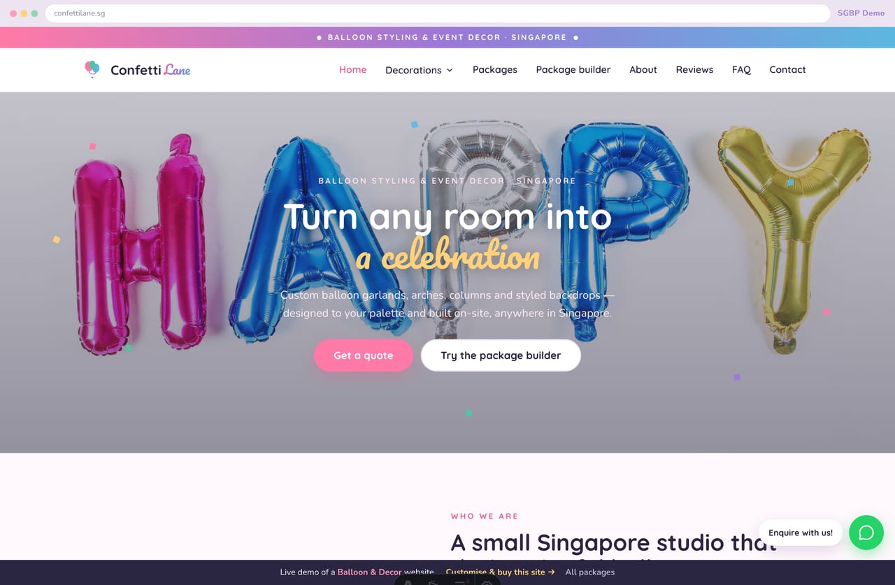 Confetti Lane balloon & decor studio website homepage demo — full-bleed photo hero and portfolio (Singapore)