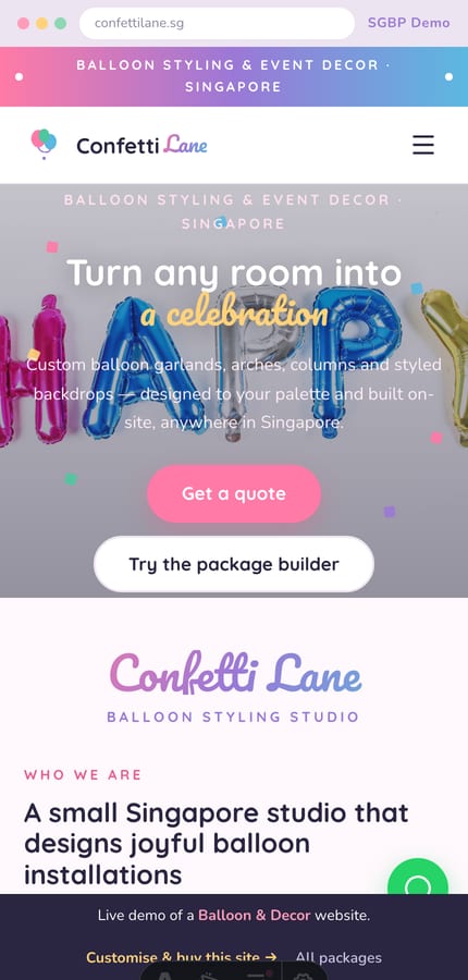 Mobile view of the Confetti Lane balloon-decor website with full-bleed galleries