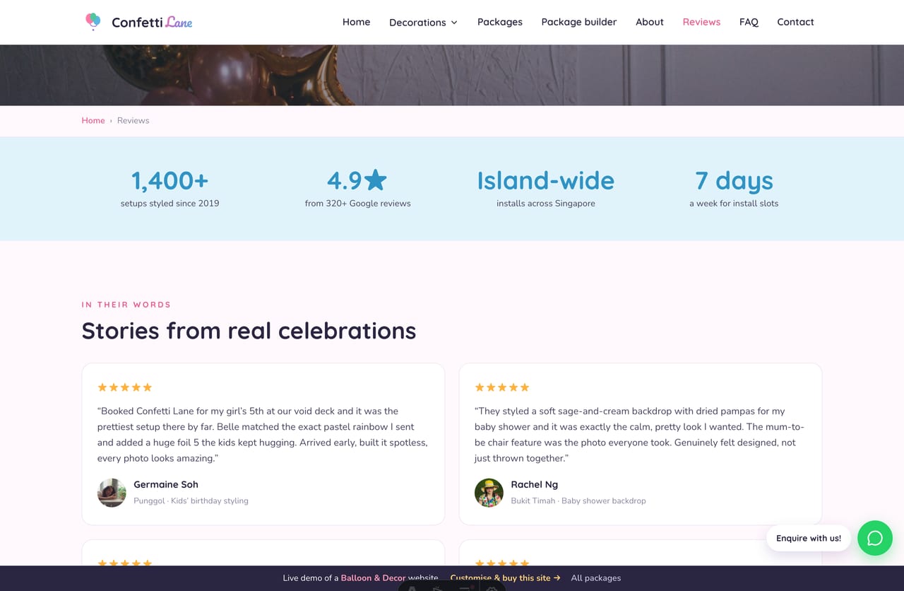 Client reviews page on a Singapore balloon-decor studio website