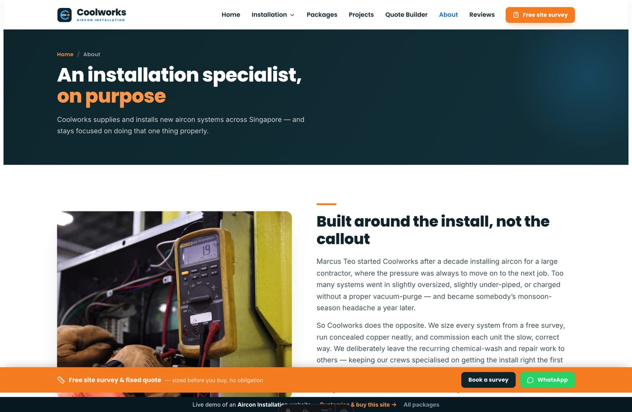 The About page for a Singapore aircon-installation specialist — founder story, the crew of installers and the standards they work to
